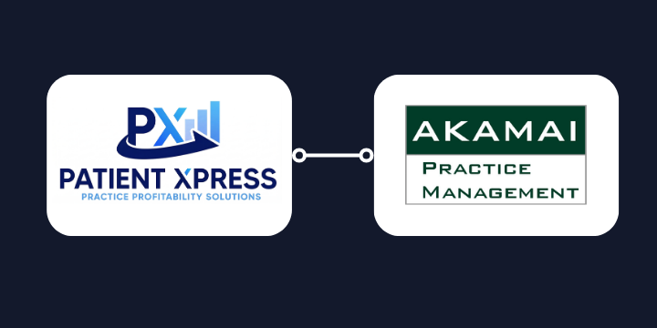 PatientXpress and Akamai Practice Management logos connected, representing medical billing and revenue cycle integration