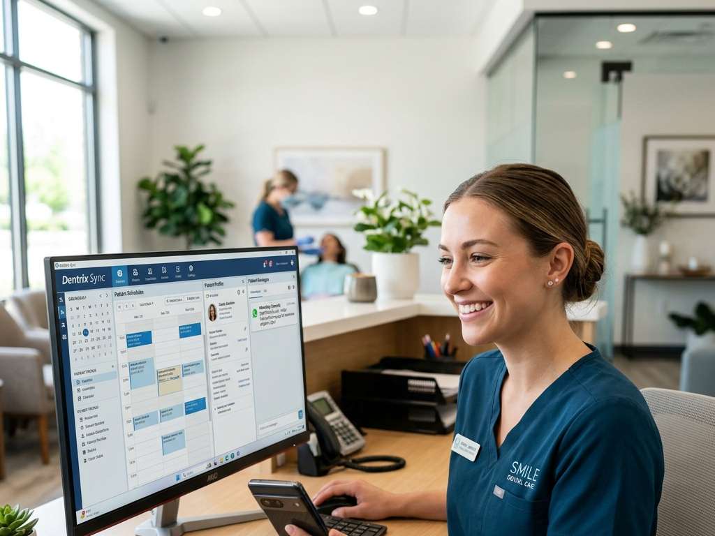 Dental Staff Smiling with Synced WhatsApp Messaging on Mobile and Desktop