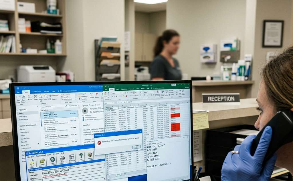 Confusing mess of overlapping software windows and disconnected patient data on a dental office monitor
