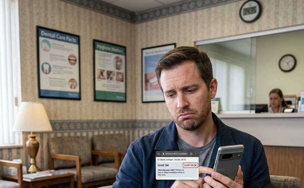 Patient in waiting room looking for an easy way to provide feedback on their dental visit